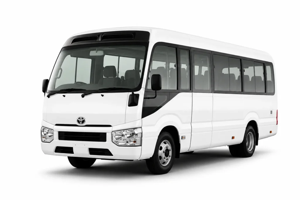 Blue Toyota Coaster bus for group transfers in Zanzibar